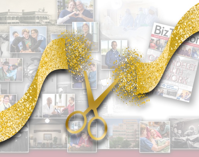 Golden ribbon and scissors on magazine collage
